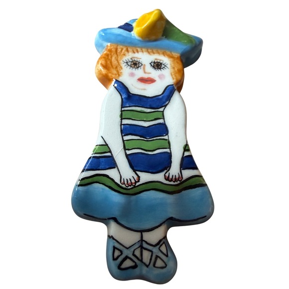 GANZ Susan Paley Lady Pin Louisa Girl Blue Hat Striped Dress Brooch - Picture 8 of 14